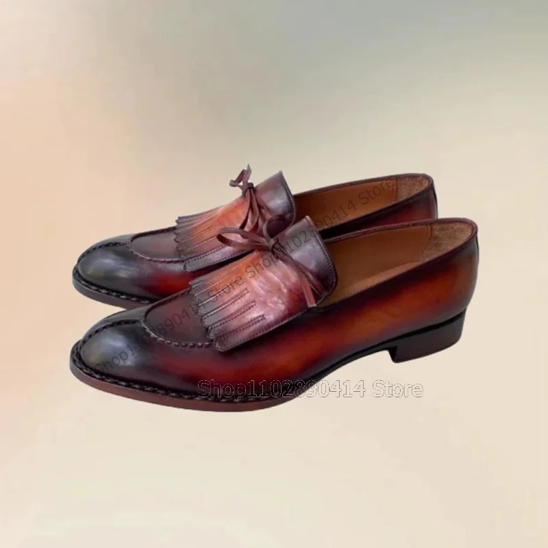 Borlas marrons artesanais masculinas, Decoração de nó arco, Mocassins de costura, Deslizamento sobre sapatos, Luxo, Festa de festa, Escritório, Sapatos de vestido, Moda