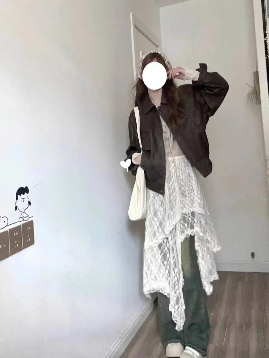 Spicy Girl Lace Overlap Irregular Half Skirt Women's Spring Autumn New Design Net Curtain Apron Mid-Length Skirt