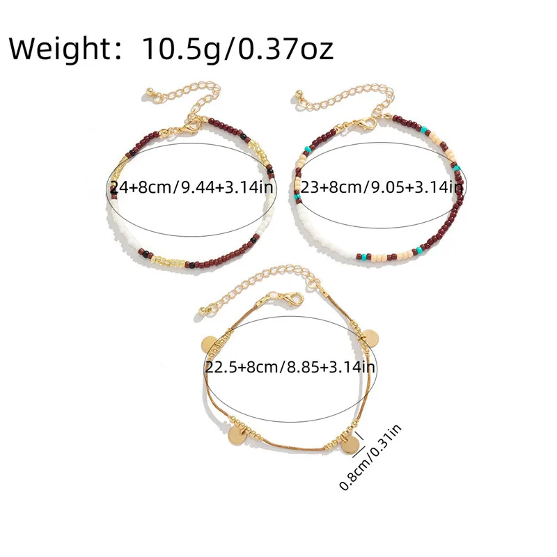 3pc Boho Stackable Colorful Rice Beads Anklet Bracelet Golden Round Charm Foot Jewelry Ladies Casual Anklets Gifts Accessories