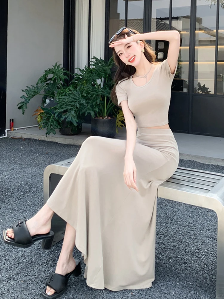 

Женская уличная одежда Y2K Сексуальный наряд Элегантный укороченный топ с круглым вырезом Рубашка Блузка и длинная юбка Mujer Комплект из 2 предметов Повседневный летний новый