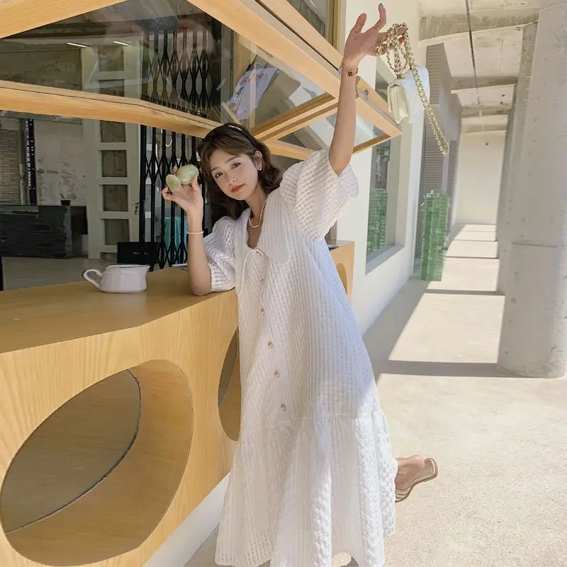 

Женское платье больших размеров, свободного кроя, с воротником-стойкой, коротким рукавом, длинное, летнее, в нежном корейском стиле, с завышенной талией, А-силуэт...