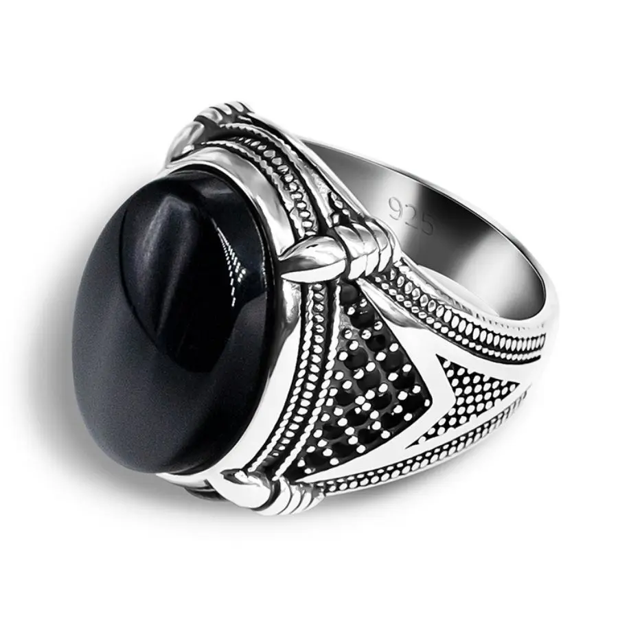 Wholesale Genuine 925 Sterling Silver Ring Natural Black Stone Handmade Vintage Turkish Unisize Adjustable Silver Mens Ring