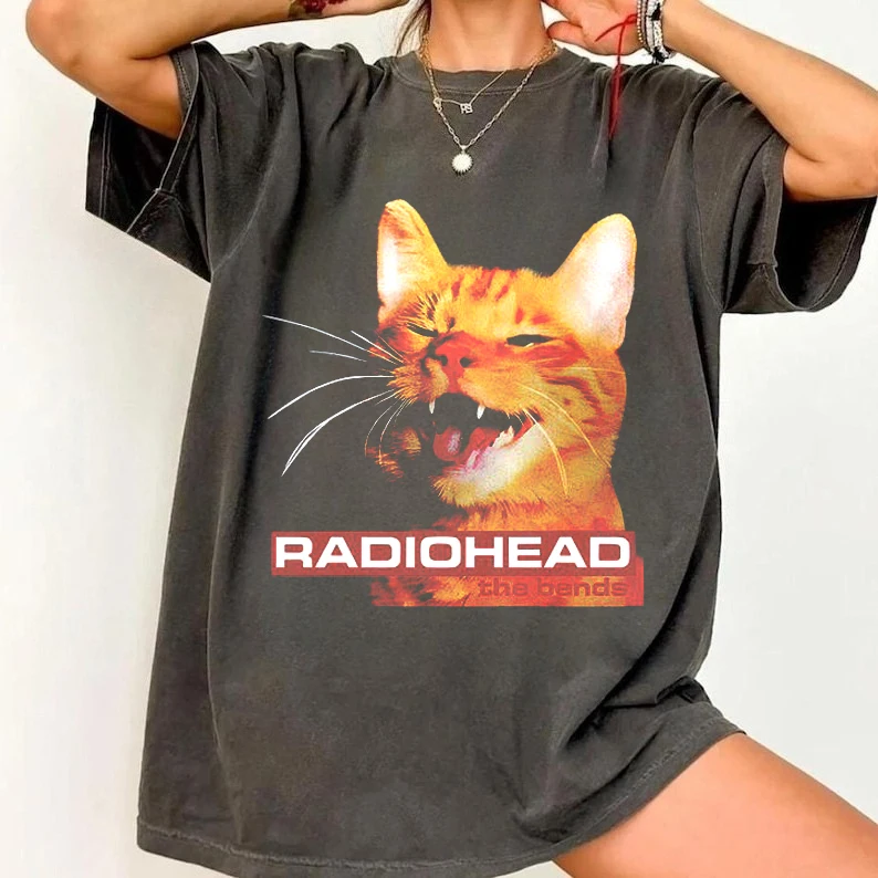 Radiohead The Bend Cat Graphic Print Short Sleeves T-shirt Men Women Summer 90s Retro Rock Music T-shirt Casual Y2K Streetwear