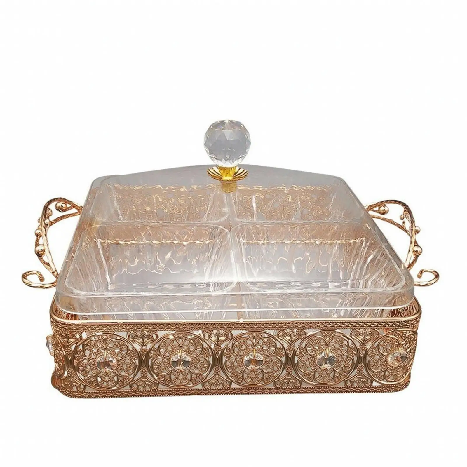 Clear Acrylic Candy Container with Faceted Knob Lid and Zinc Alloy Frame for Household Snacking and Parties