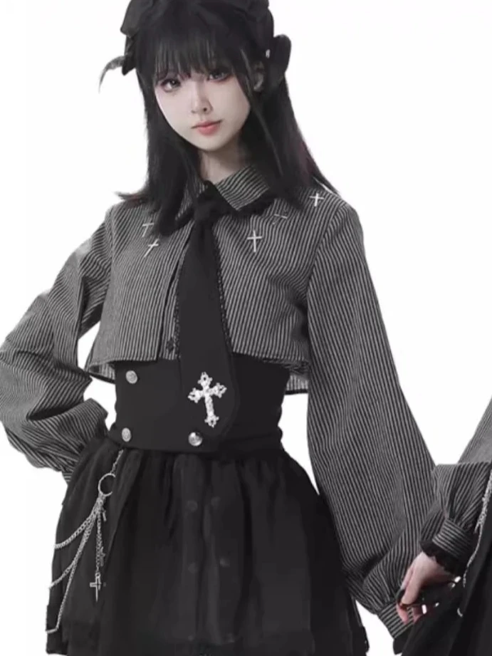 

Subculture Striped Gothic Shirt Cross Pendant Asymmetric High Waist Mid-Length Skirt Harajuku Style Sweet Cool Two-Piece Set