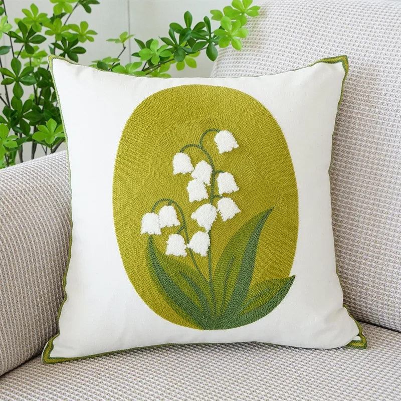 45X45CM Green Fresh Tulip Throw Pillow Cover  Flower EmbroideredStamping Waist Cushion Cover Decor Home Decorative Pillowcase