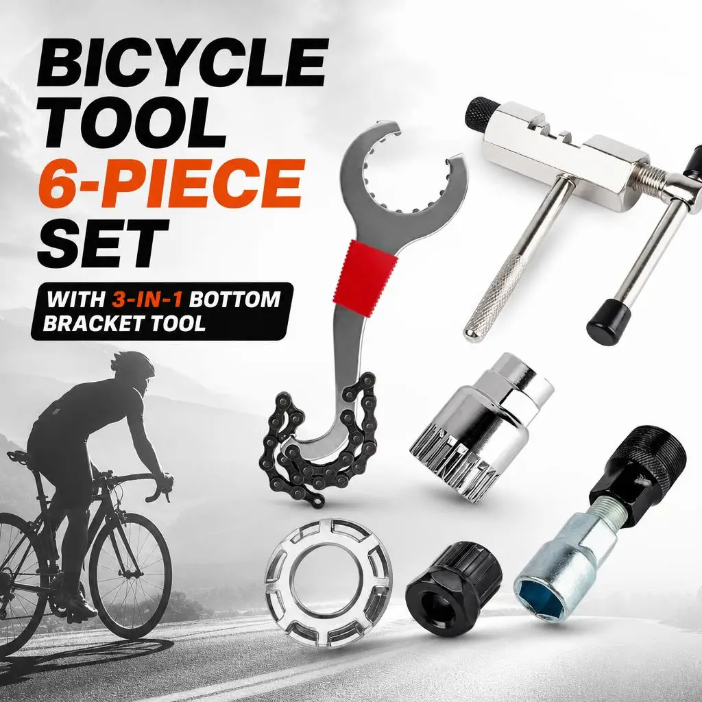 Bicycle Tool 6-Piece Set, including a 3-In-1 Bottom Bracket Tool. The Set Comprises a Chain Whip, Crank Puller, Cassette Remover, Chain Breaker, and an 8-Hole Spoke Wrench