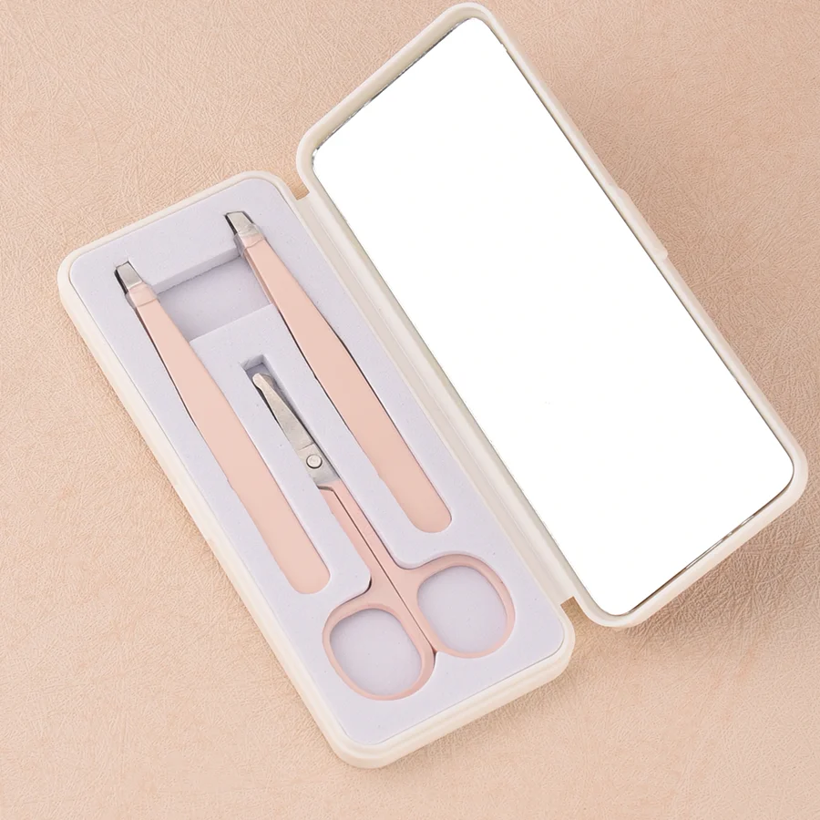 مجموعة ملاقط ومقصات من الفولاذ المقاوم للصدأ مع مرآة ، تشذيب الجمال ، قص الشعر ، الحاجب ، اللحية ، الأنف ، أسلوب الشعر ، 3 روض