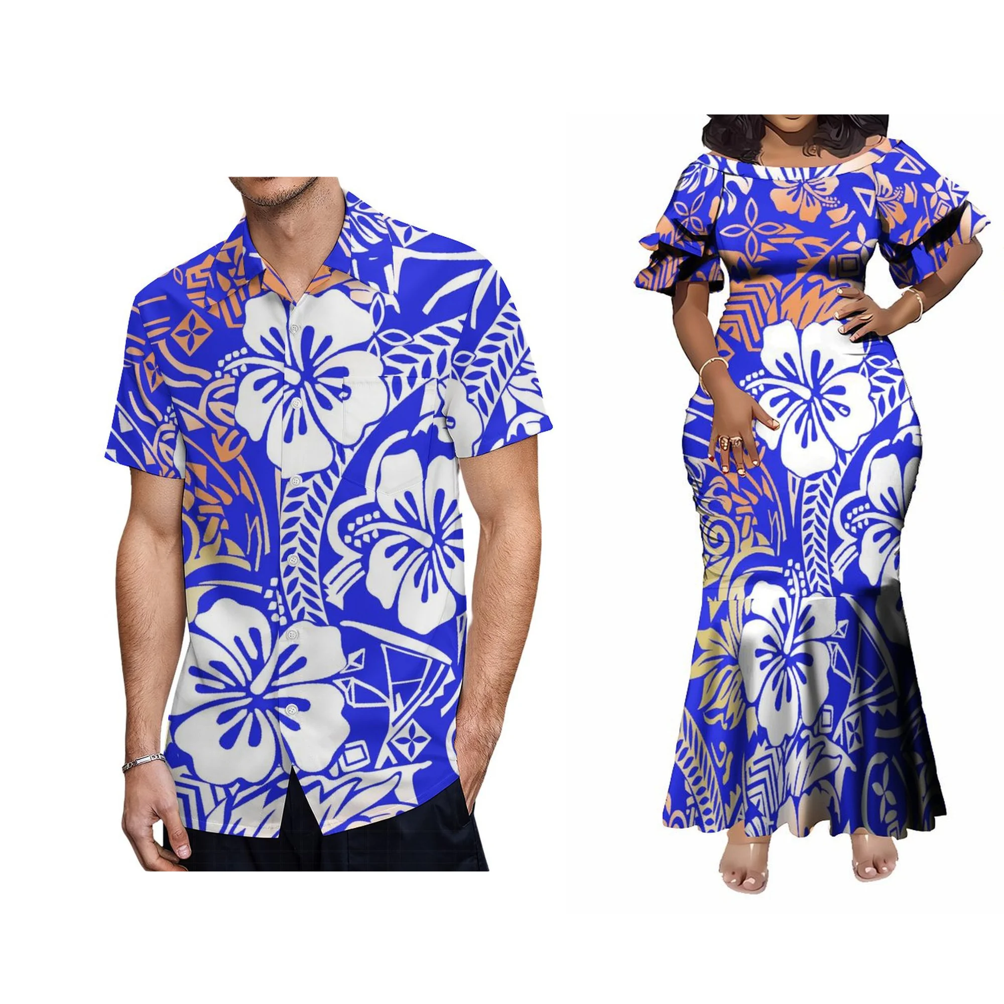 Verão tripulação-pescoço saia dupla camada com punhos babados samoan impressão design fino fishtail vestido polinésia vestido feminino