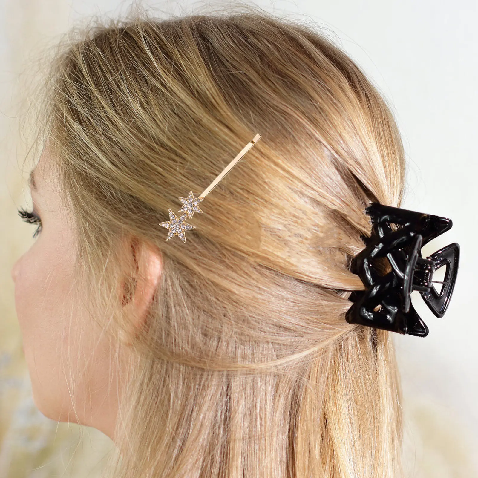 2Pcs Alloy Rhinestone Star Hair Clip for Women Fashionable Elegant Ladylike Bobby Pin Star Shaped Crystal Hair Accessory Golden