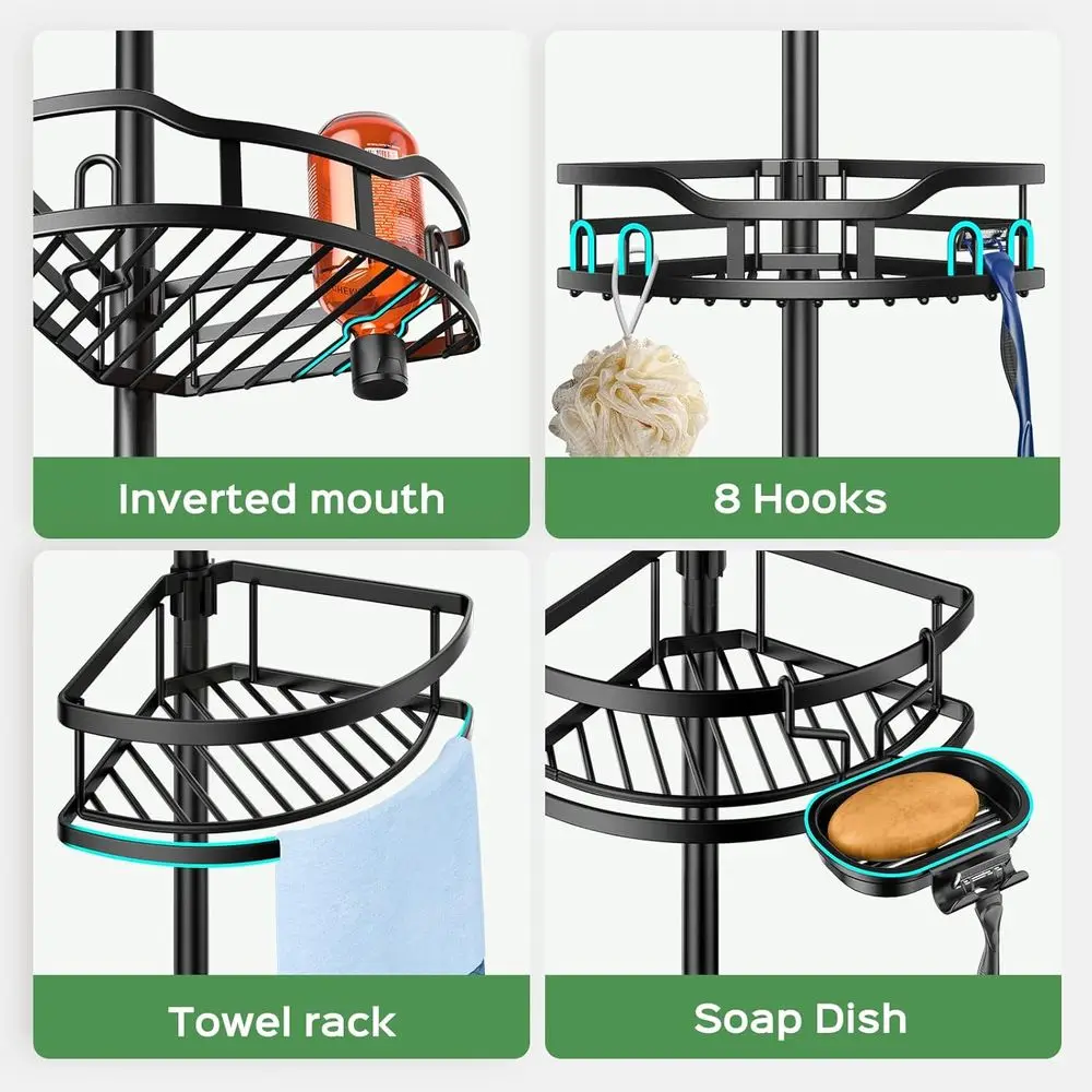 Rust-Free Tension Pole Shower Caddy: 4-Tier Corner Organizer with Floor Support for Large Storage in Apartments - 47-121 Inch, B
