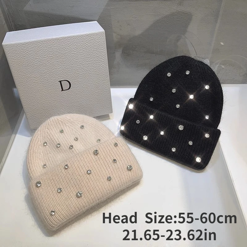 2024 Luxury Rhinestone Winter Hats for Womem Elegant Fashion Designer Angola Warm Beanies Soft  Solid Adult Cover Head Cap