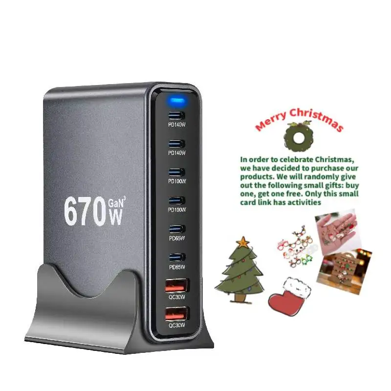 

NEW 670W GAN Fast Charger USB C 6C2A Multi-Port Usb Charger Head 8-Port Fast Charging High-Power Desktop Charging Station