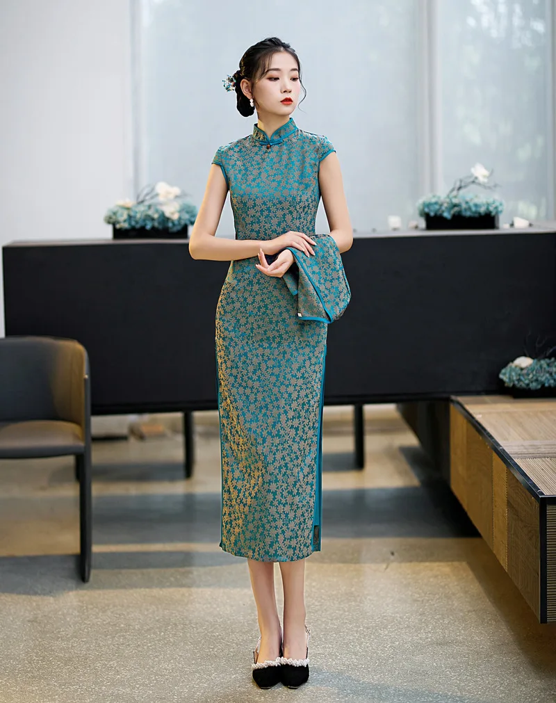 Sexy Slim Fit Long Qipao Autumn Cheongsam Set Shawl Two Piece Fashion Printing Elegant Temperament Chinese Traditional Dress