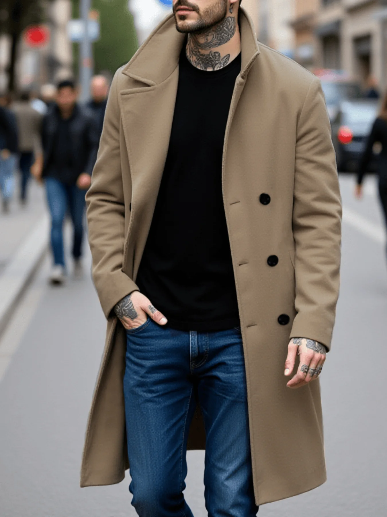 Men's Streetwear Wool Coat Double-Breasted Retro Design Thickened Tweed with Warm Stand Collar Manswear