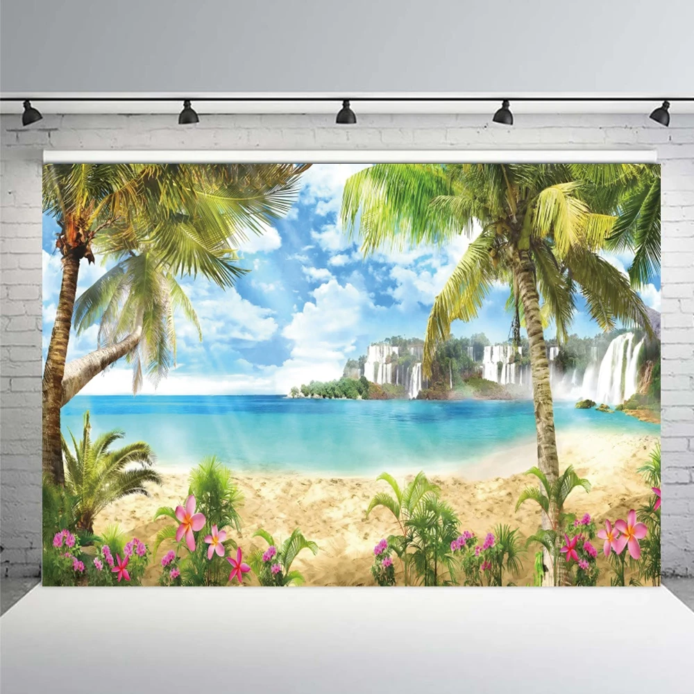 Tropical Beach Ocean Backdrop Summer Seaside Palm Tree Nature Scenery Birthday Portrait Holiday Party Photography Background