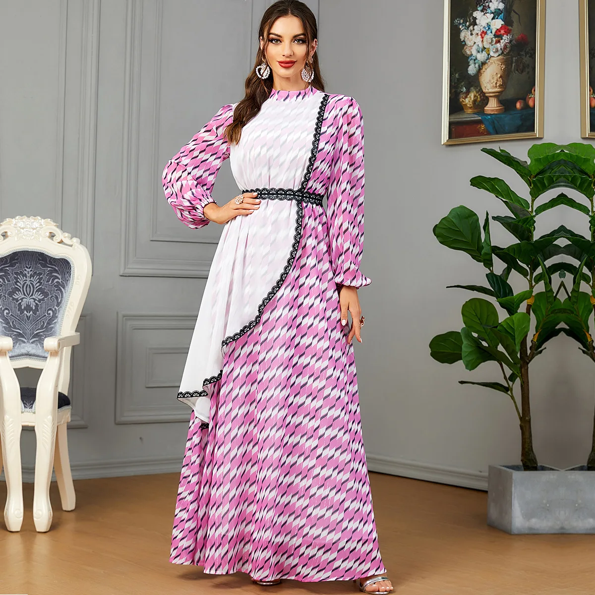 

Muslim Women Lace Print Maxi Dress Ramadan Abaya Dubai Turkey Kaftan Eid Djellaba Caftan Marocain Femme Musulmane Longue Vestido