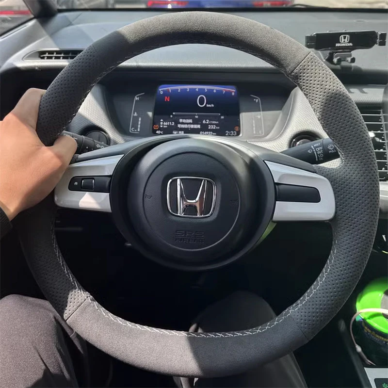 Customized Diy Hand-sewn Car Steering Wheel Braid Cover for Honda Fit Jazz 2020-2026 Black Suede Interior Accessories