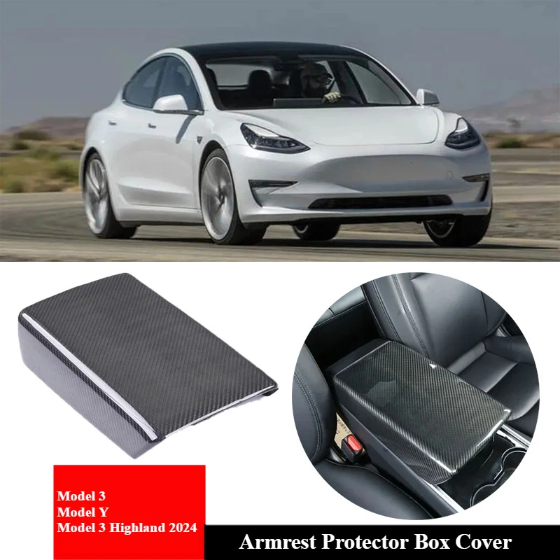 For Tesla Model 3 Y 2023 2024 Accessories Armrest Protector Box Cover Real Carbon Fiber Center Console Panel Pad Model3 Highland