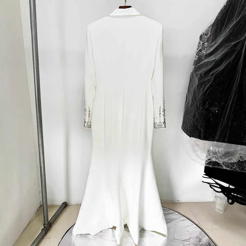 European and American Fashion Heavy Industry Beads Tailored Collar Dress Fishtail Dress White