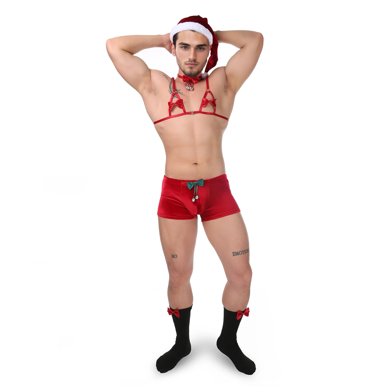 CLEVER-MENMODE Sexy Christmas Cosplay Lingerie Men Underwear Erotic Set Xmas Hat Bra Harness Socks Role Play Outfit Costume Bell