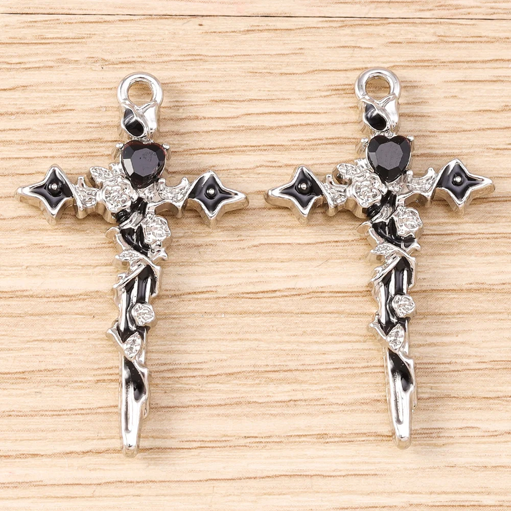 Tusember 5 Stück Metall Gothic Kristall Rosenblumen Kreuz Anhänger für Halsketten Ohrringe DIY Schmuckherstellung Zubehör – Detail 7