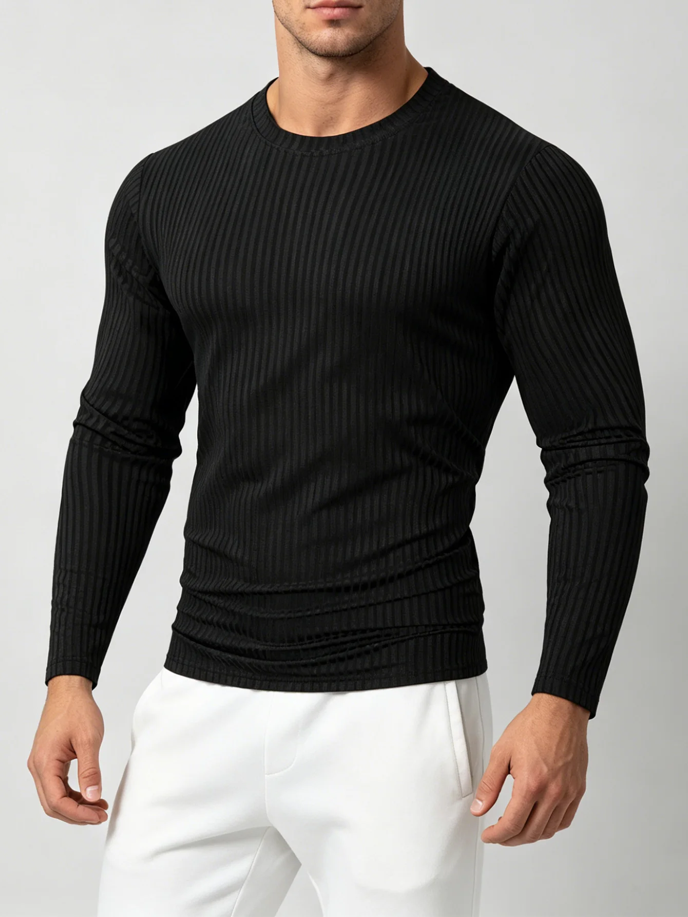 Modisches, texturiertes, vertikal geripptes Herren-Langarmshirt mit Rundhalsausschnitt, elastisches Stretch-Strickoberteil, atmungsaktives Basic-Shirt für den Streetwear-Look – Detail 12