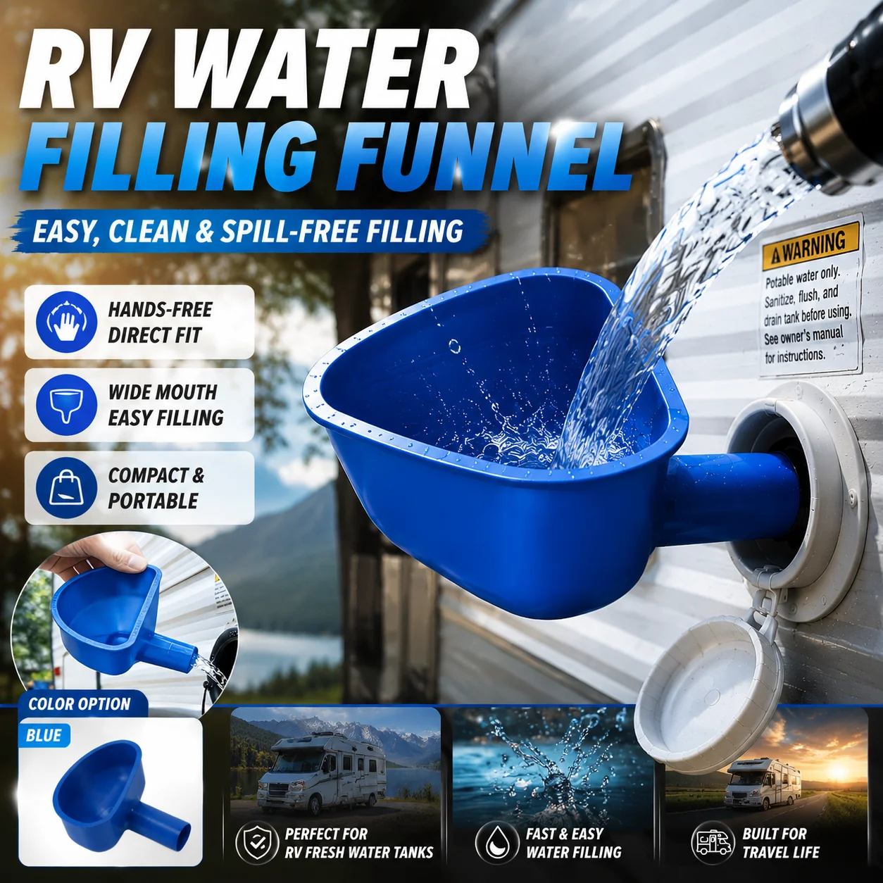 Portable RV Fresh Water Filling Funnel Wide Mouth Spill Resistant Hands-Free Water Refill Tool For Motorhome Camper Trailer