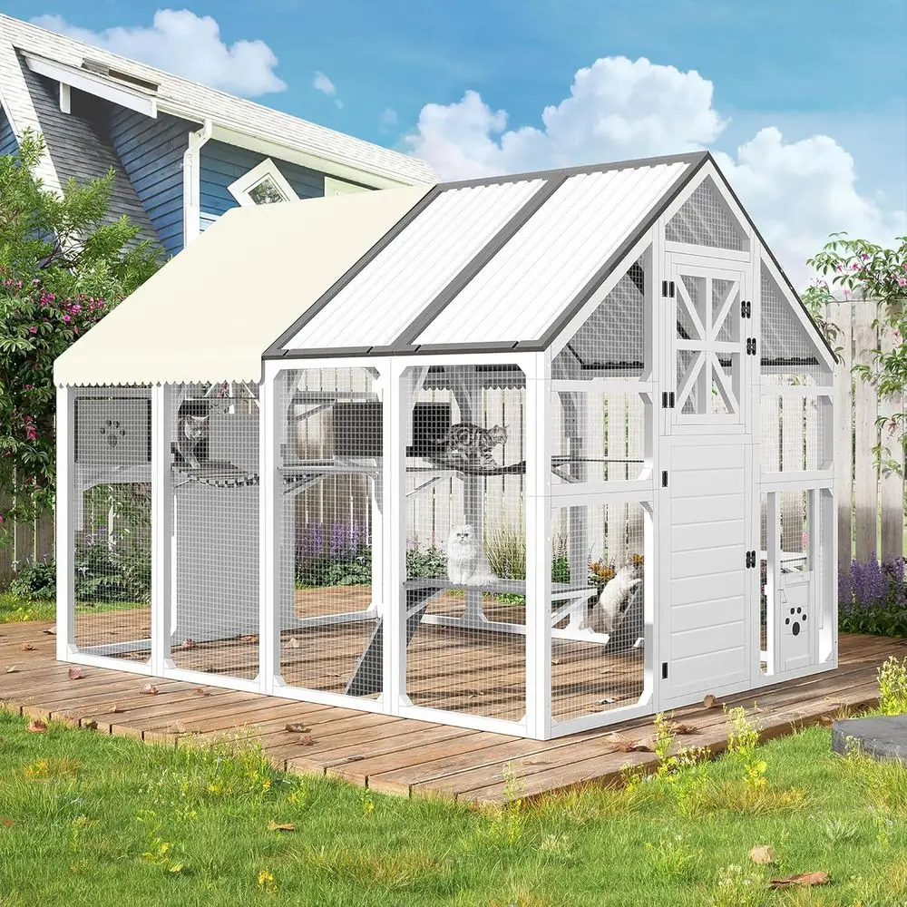 

Spacious Outdoor Cat Enclosure with 8 Platforms & 2 Insulated Huts, Multi-Level Playpen for Patio or Garden, White and Grey