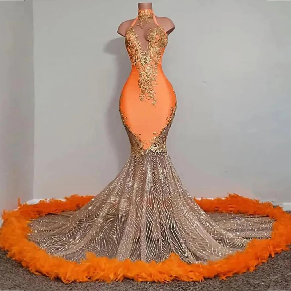 

Aso Ebi Mermaid Prom Dresses For Black Girls Glitter Rhinestone Beaded Feathers Evening Gowns Customized Bride Birthday Dress