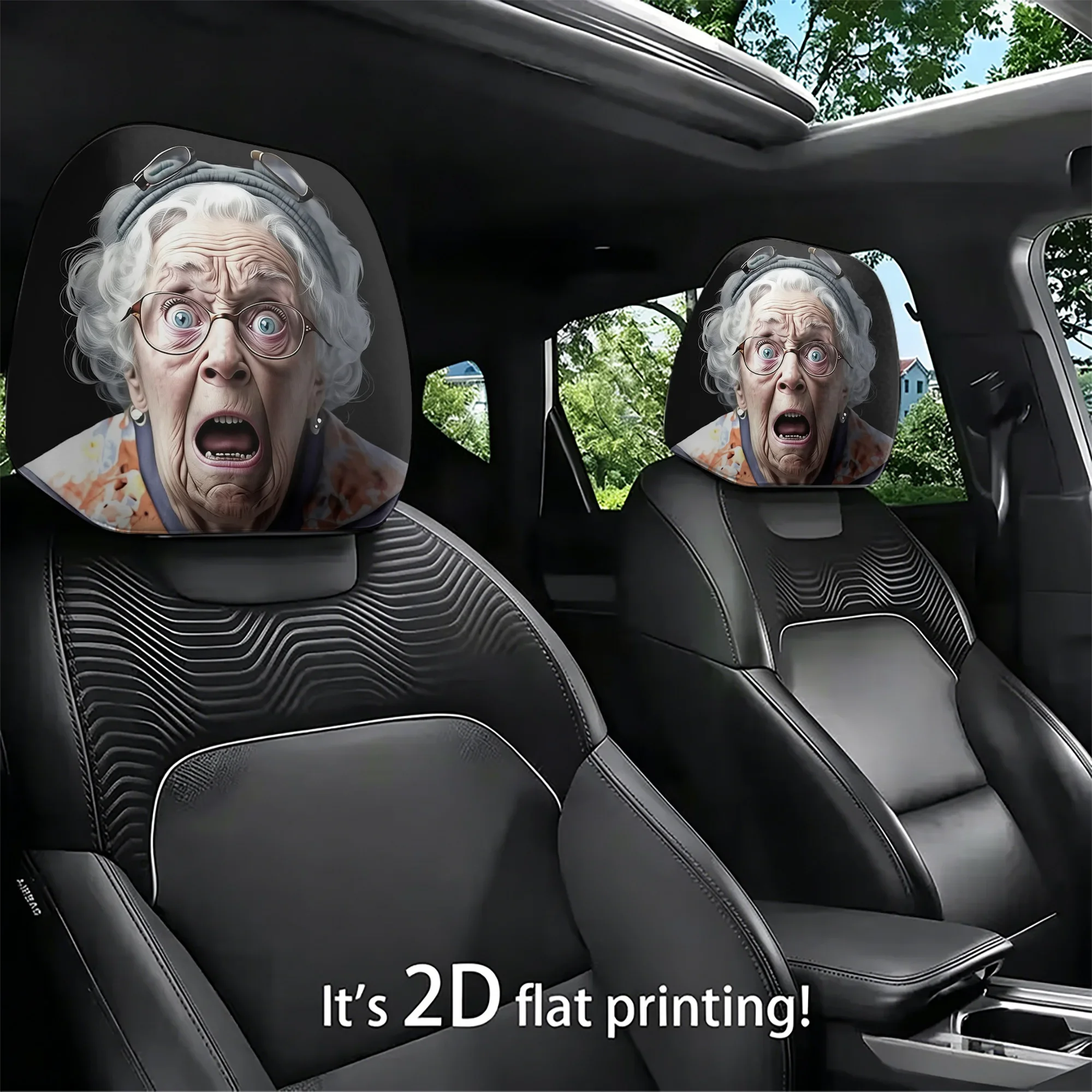 2Pcs Startled Old Lady Printed Car Headrest Covers Adds A Sense Of Humor To Your Car S Interior Filling Not Included Easy To I