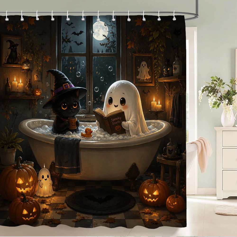 Funny Halloween Shower Curtain Spooky Gothic Cute Ghost Black Cat Reading in Bathtub Pumpkin Skull Bathroom Decor with Hooks