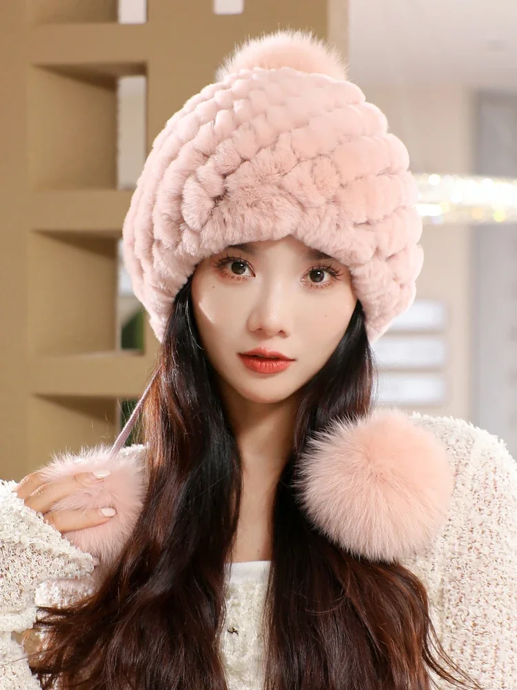 【極美品】 WACKOMARIA Rabbit Fur Hat Genuine Rex Rabbit Fur Hat for Women Fall Russian ushanka Stripe