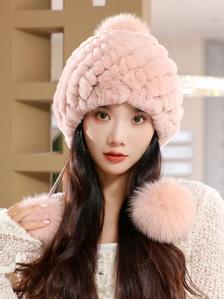 Genuine Rex Rabbit Fur Hat for Women Fall Russian ushanka  display picture 2