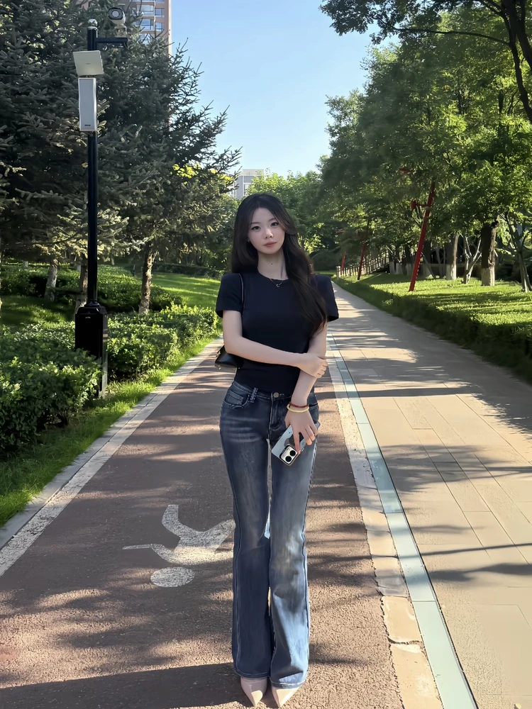 

Retro Blue Bell Bot Jeans High Waist Slimming Long Pants Women's Cotton Stretch Denim Distred Wa Spring Autumn Korean...