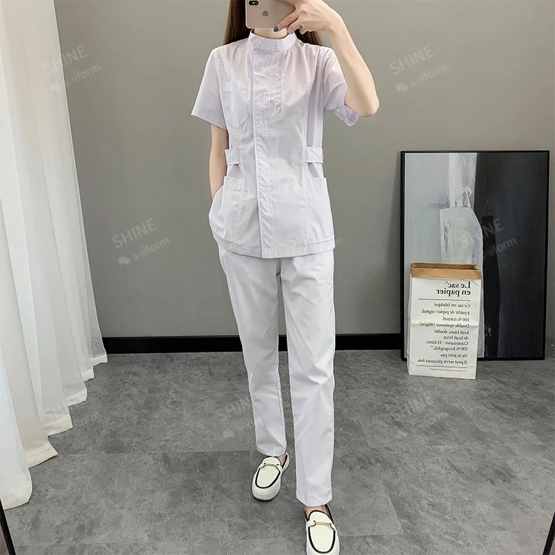 Witte Verpleegstersuniformen Korte Medische Scrubs Top Laboratoriumjas Doktersuniform Vrouwen Outwear Schoonheidssalon Medische Kleding Met Lange Mouwen