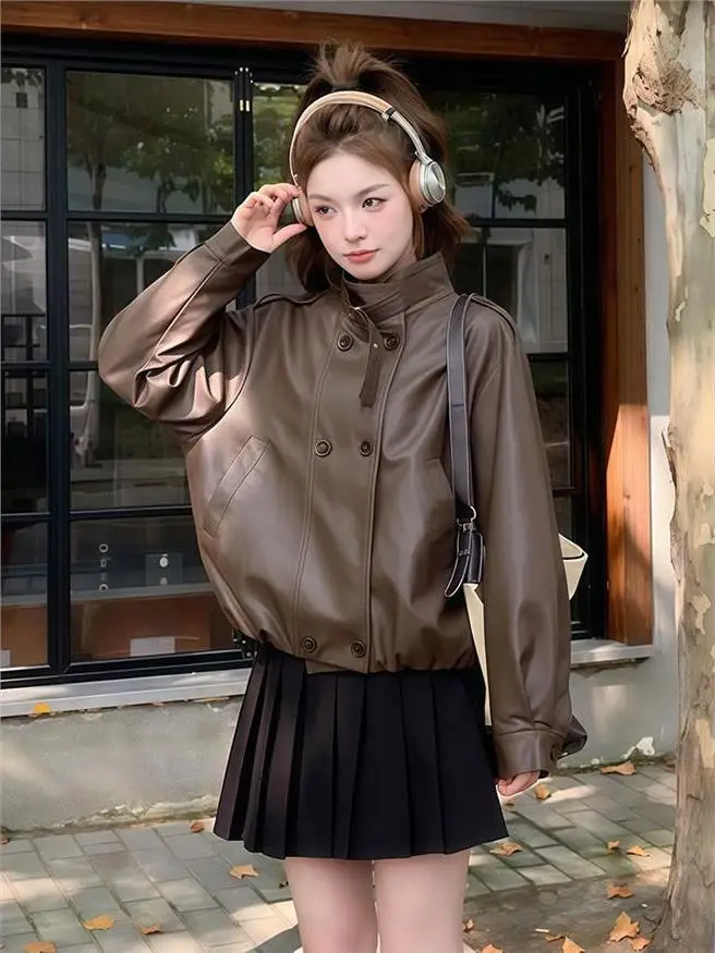 

Women's Biker Style Jacket PU Leather Long Sleeve Zipper Pocket Stand Collar Double Row Buttons Sweet Cool Autumn New Arrival