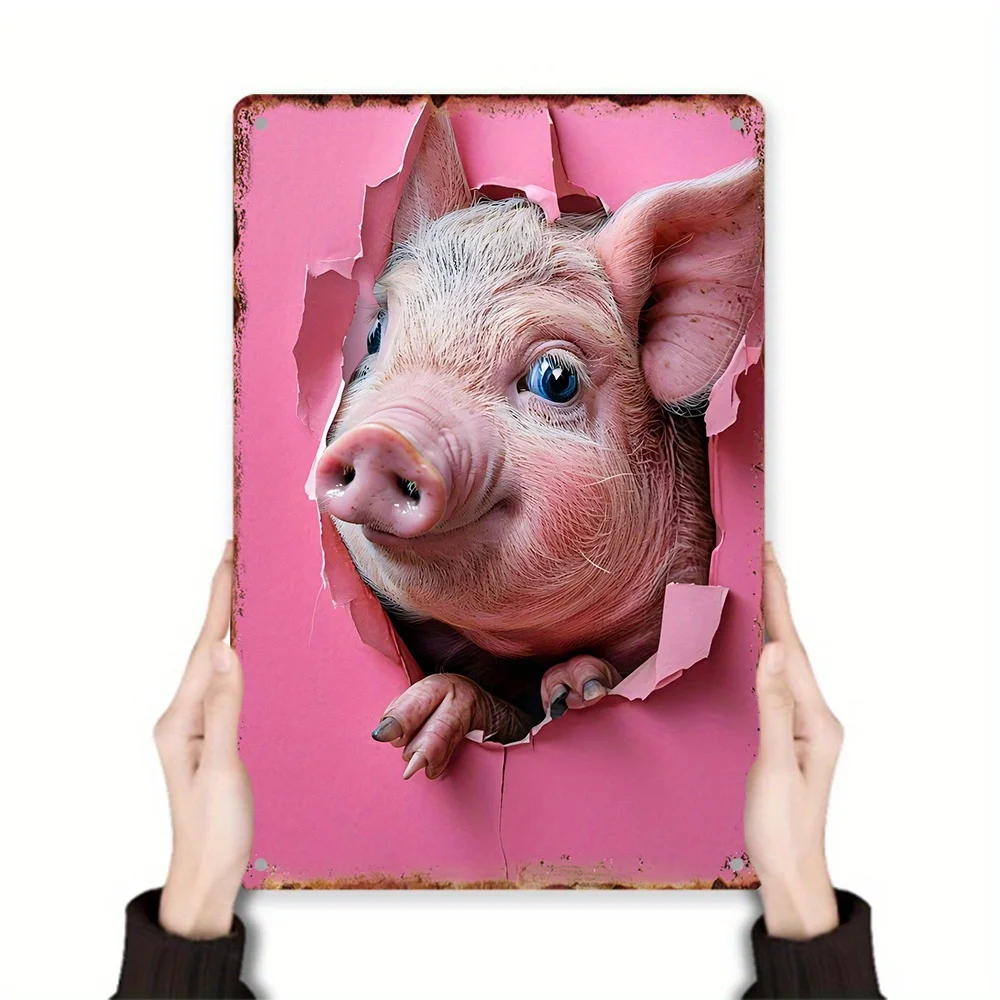Tin Metal Wall Art - Cute Pig Hole Decorative Painting is suitable for home, garden, studio wall decoration, with high bending