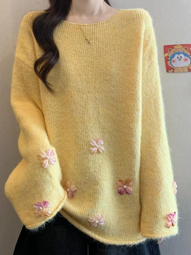 Zoete bloemen chique trui dames O-hals schattige gebreide truien met lange mouwen mode preppy stijl losse luie wind dame herfst trui
