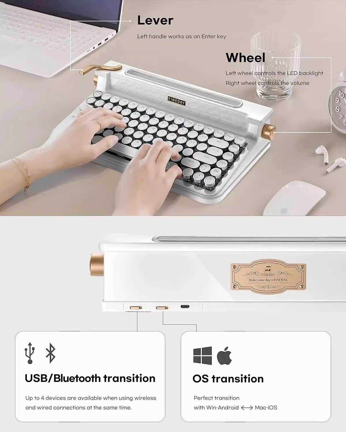 FINEDAY Retro Mechanical Keyboard Dual-Mode Hot-swappable Bluetooth typewriter Punk Keyboard pad Office keyboard