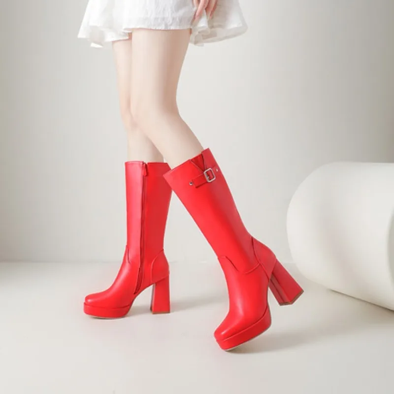 New Style Fashion High Heels Knee-High Boots Ladies Yewllow White Round Head Belt Buckle Plus size 34-50 Snow Boots view 5