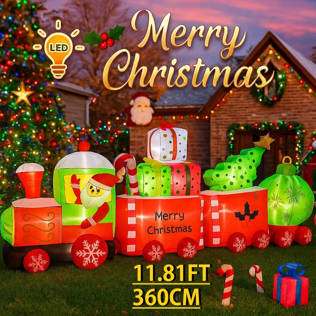 11.81FT Giant Christmas Inflatable Santa Toy Train With LED Lights Xmas Yard Party Lawn Decor Home Decoration Supplies Ornament