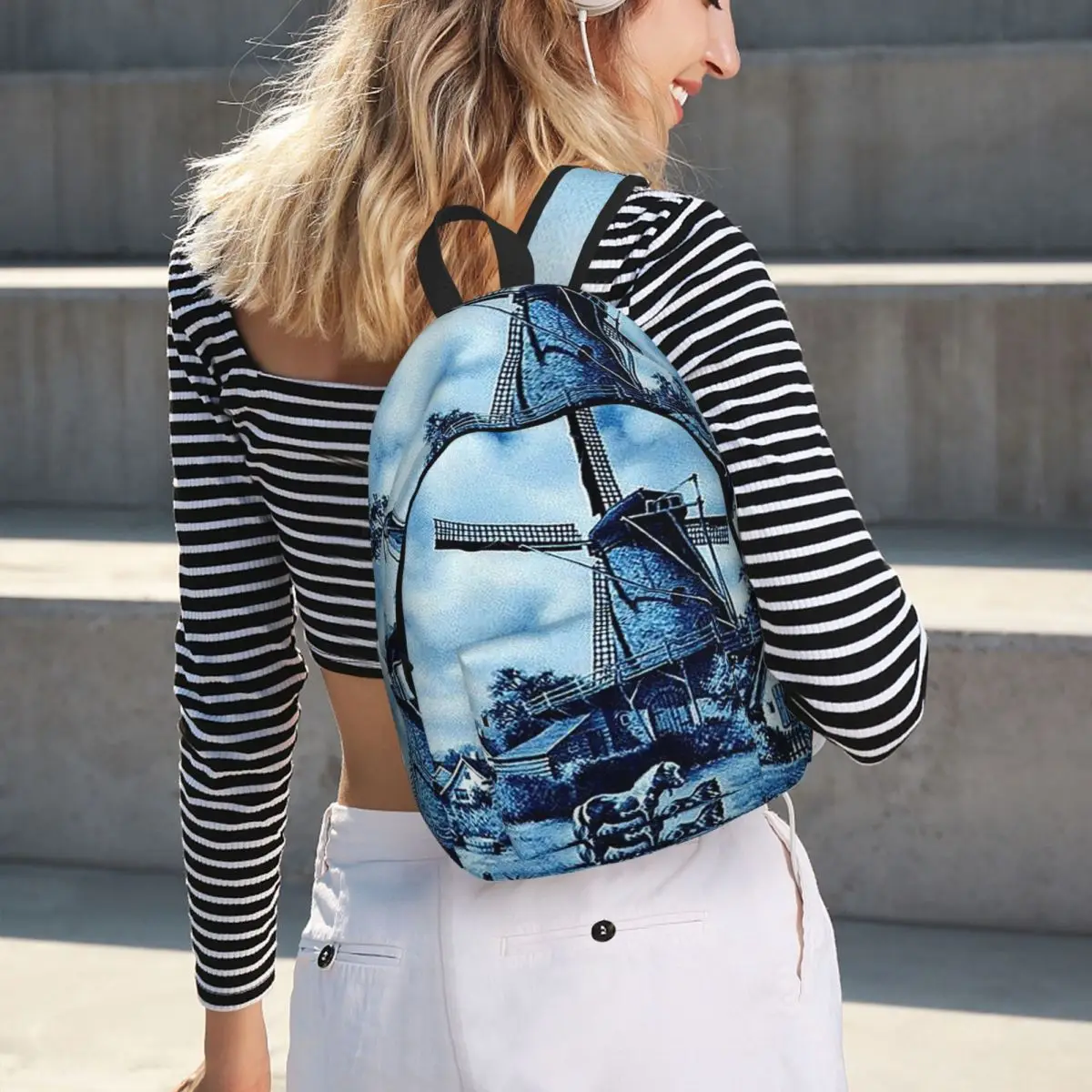 

Dutch Blue Delft Windmills On A Farm Print Student Backpack School Bag Hiking Travel Daypack for Men Women Bookbag Shoulder Bags