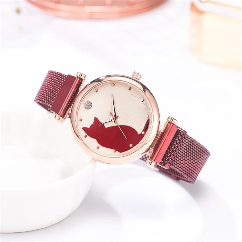 5pcs Set Luxury Women Watches Rose Gold Bracelet Set Cat Pattern Magnet Quartz Watch Ladies Bracelet Wristwatch Relogio Feminino