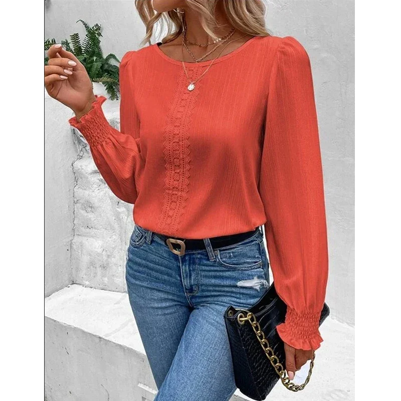 

Spring Autumn Fashion Office Lady Shirts Solid Long Sleeve Loose Tops Blusas Para Mujer New Women Lace Patchwork Elegant Blouses