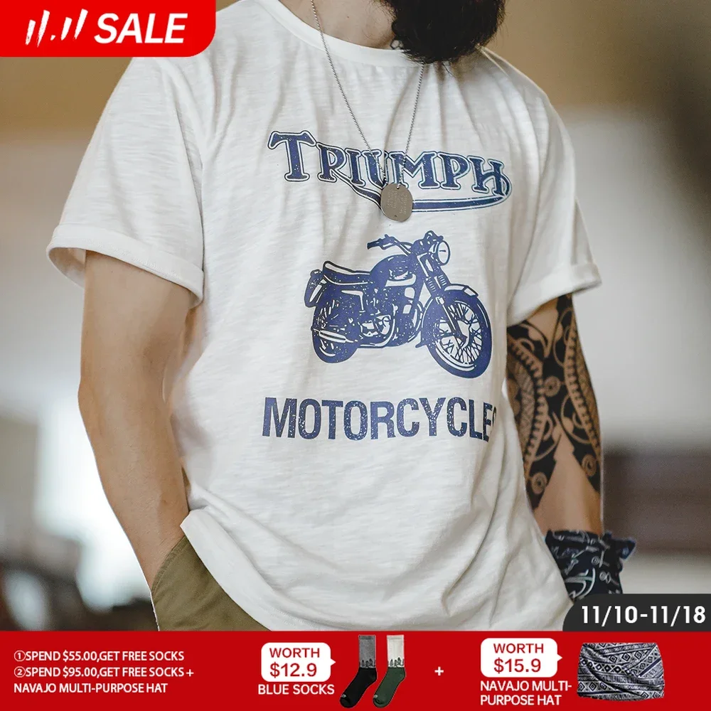 Maden 2024 Retro Motorcycle Graffiti Print Short Sleeve Thin Round Neck Small Market T-shirt 2023 Men's Summer Graphic Tees