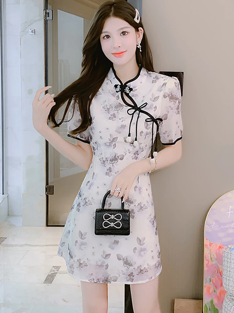 

Women Fashion Floral Chiffon Chic Bow Kawaii Mini Dress Summer Elegant Bodycon Casual Dresses 2024 Korean Vintage Party Vestidos