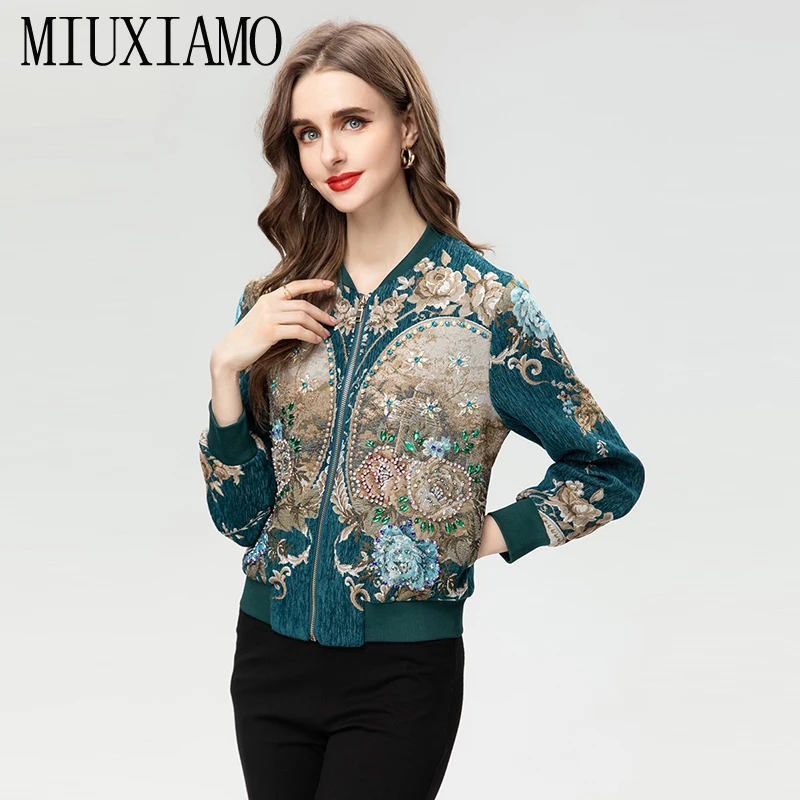 

MIUXIMAO 2025 Office Lady Spring Fall Diamonds Jacket Full Sleeve Flower Leaf Jacquard Royal Blue Jackets Women Vestides