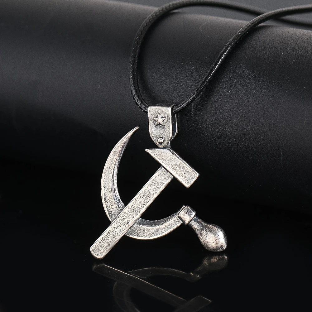 Copper Hammer Sickle Pendant Necklace for Women Men Communist Worker Farmer Metal Charms Choker Rope Chain CCCP Jewelry Gifts