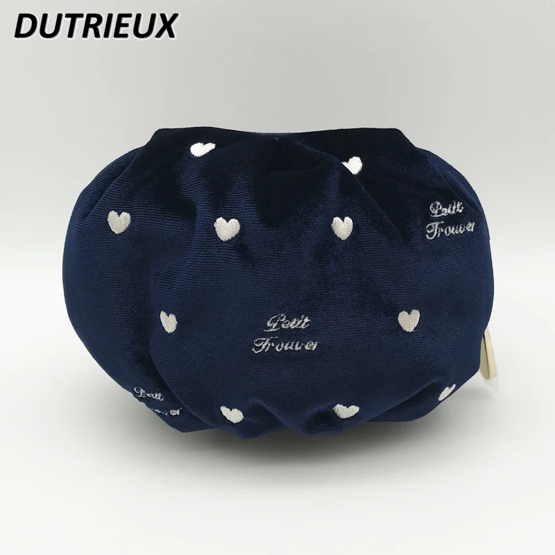 Sweet Makeup Pouch Little Love Embroidered Velvet Semicircle Ball Cosmetic Bag Portable Make Up Bags Cute Fashion Women\'s Bags